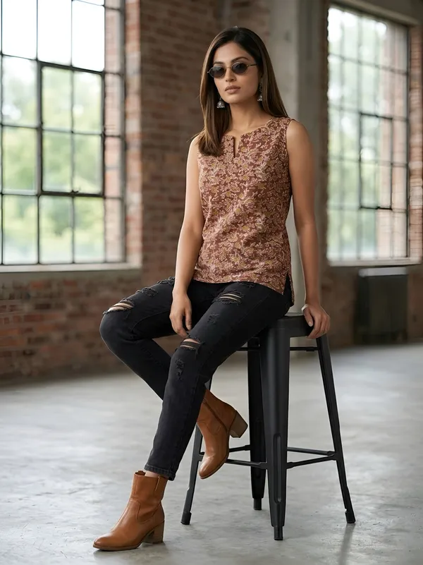 Brown_Pure_Cotton_Printed_Top_For_Women