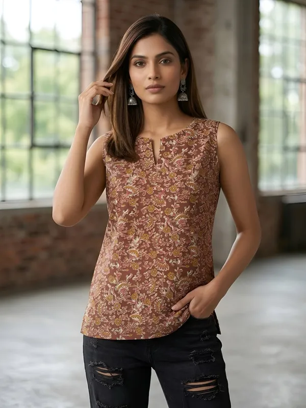 Brown_Pure_Cotton_Printed_Top_For_Women