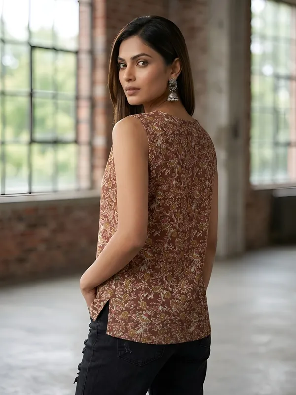 Brown_Pure_Cotton_Printed_Top_For_Women