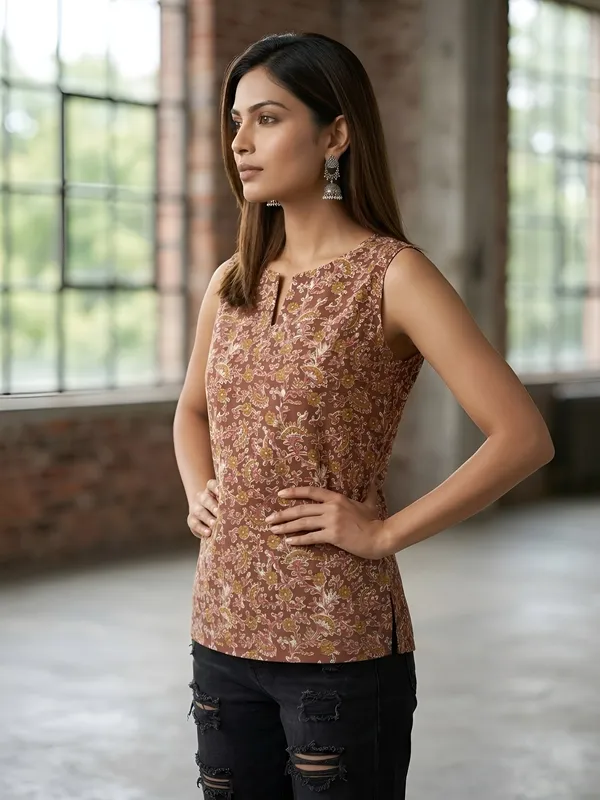 Brown_Pure_Cotton_Printed_Top_For_Women