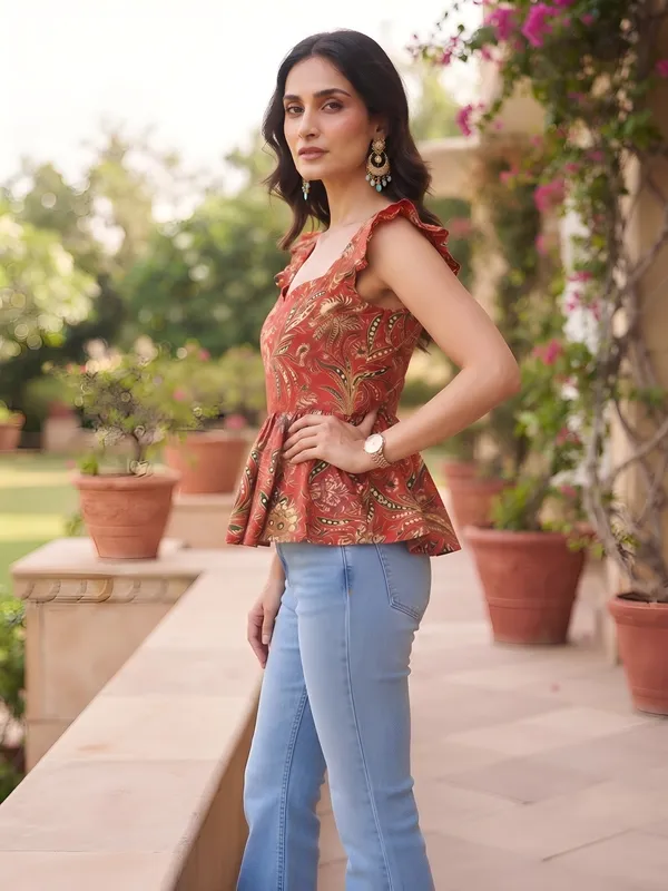 Red_Pure_Cotton_Printed_Top_For_Women