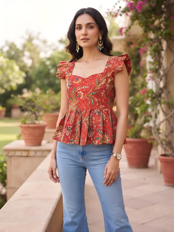 Red_Pure_Cotton_Printed_Top_For_Women