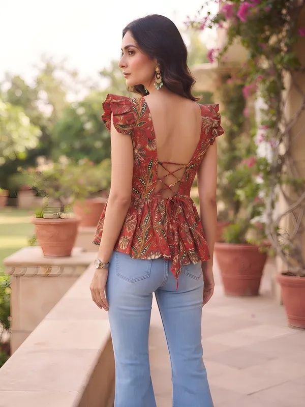 Red_Pure_Cotton_Printed_Top_For_Women