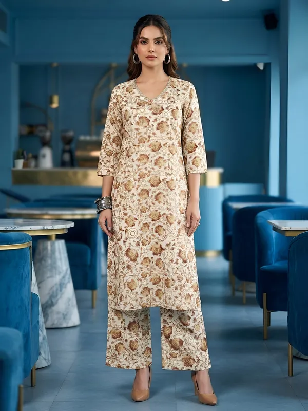 Cream_Floral_Printed_Viscose_Rayon_Kurta_Set