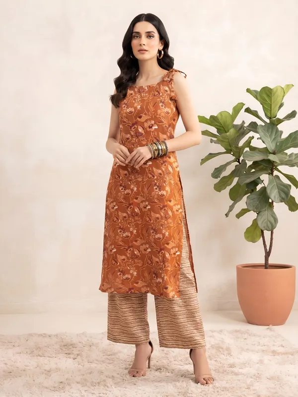 Rust_Floral_Printed_Viscose_Rayon_Kurta_Set