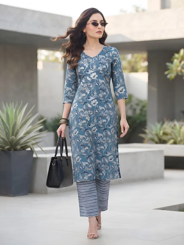 Blue_Floral_Printed_Viscose_Rayon_Kurta_Set