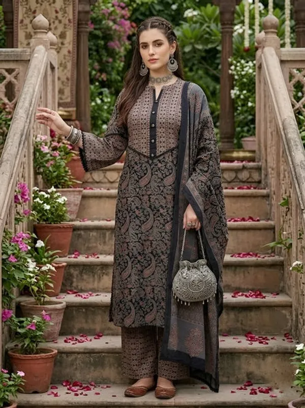 Black_Floral_Printed_Straight_Kurta_Set_For_Women