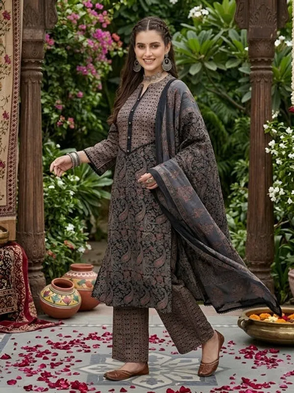 Black_Floral_Printed_Straight_Kurta_Set_For_Women