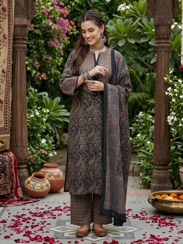 Black_Floral_Printed_Straight_Kurta_Set_For_Women