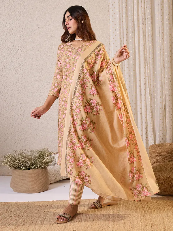 Beige_Printed_Pure_Cotton_Kurta_Trouser_Dupatta_Set