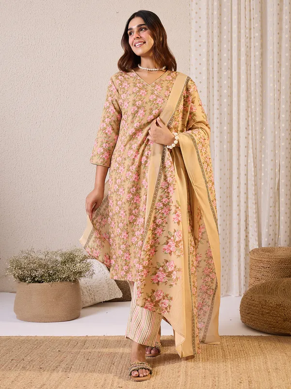 Beige_Printed_Pure_Cotton_Kurta_Trouser_Dupatta_Set