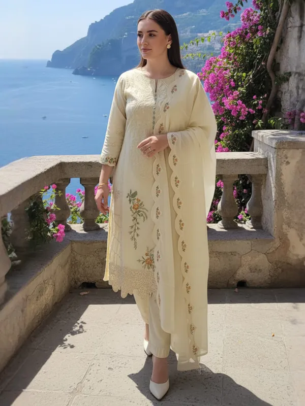 Beige_Embroidered_Pure_Cotton_Kurta_Trouser_Dupatta_Set