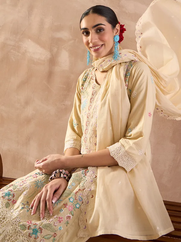 Beige_Embroidered_Pure_Cotton_Kurta_Trouser_Dupatta_Set