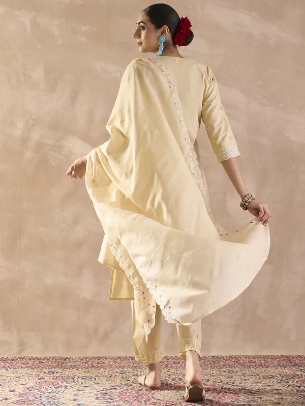 Beige_Embroidered_Pure_Cotton_Kurta_Trouser_Dupatta_Set