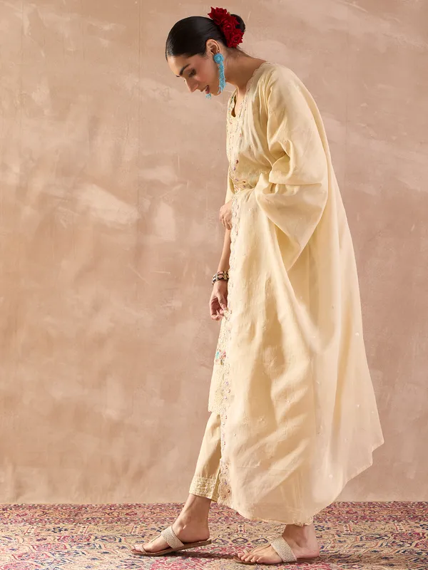 Beige_Embroidered_Pure_Cotton_Kurta_Trouser_Dupatta_Set