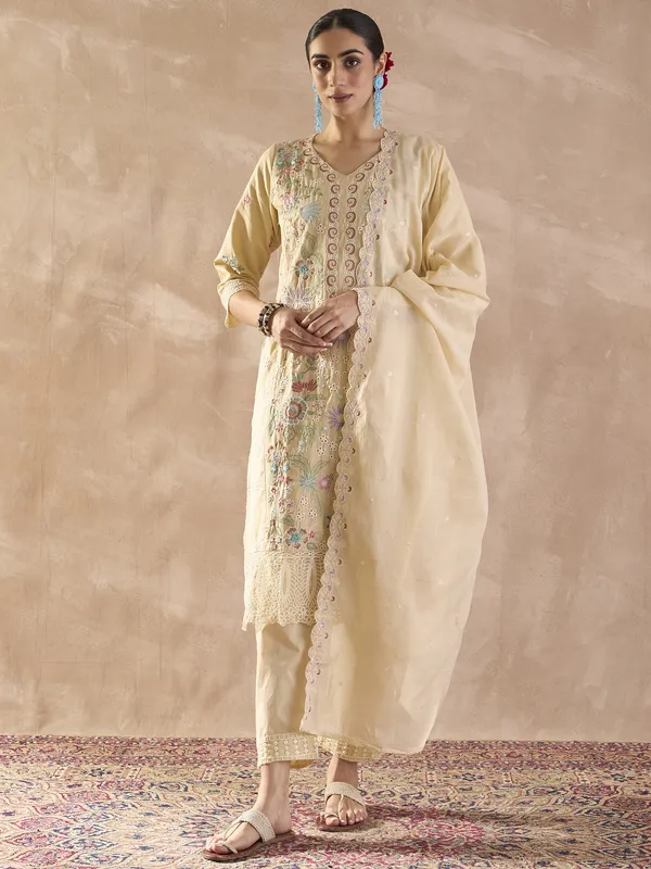 Beige_Embroidered_Pure_Cotton_Kurta_Trouser_Dupatta_Set
