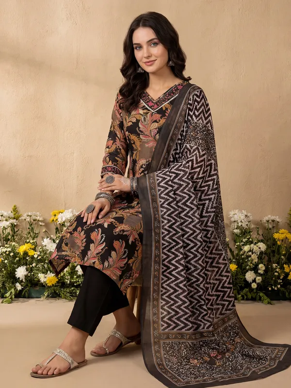 Black_Embroidered_Pure_Cotton_Kurta_Trouser_Dupatta_Set