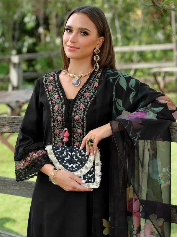 Black_Embroidered_Pure_Cotton_Kurta_Trouser_Dupatta_Set