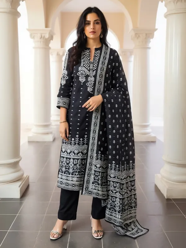 Black_Printed_Pure_Cotton_Kurta_Trouser_Dupatta_Set
