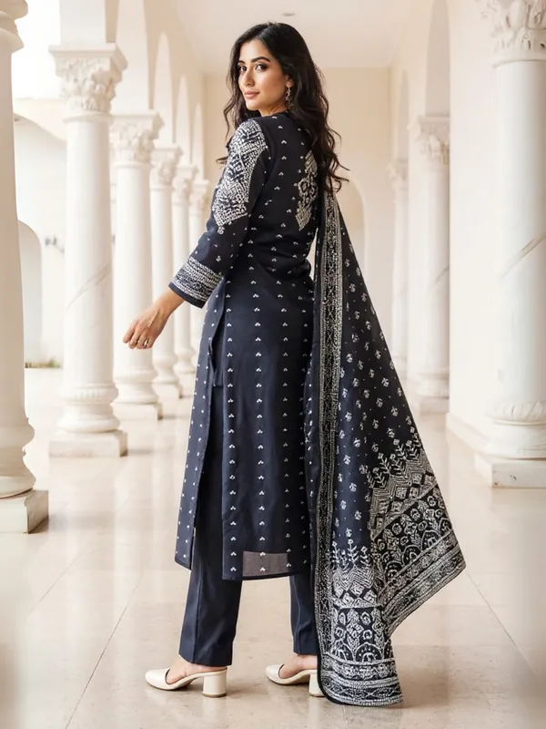 Black_Printed_Pure_Cotton_Kurta_Trouser_Dupatta_Set