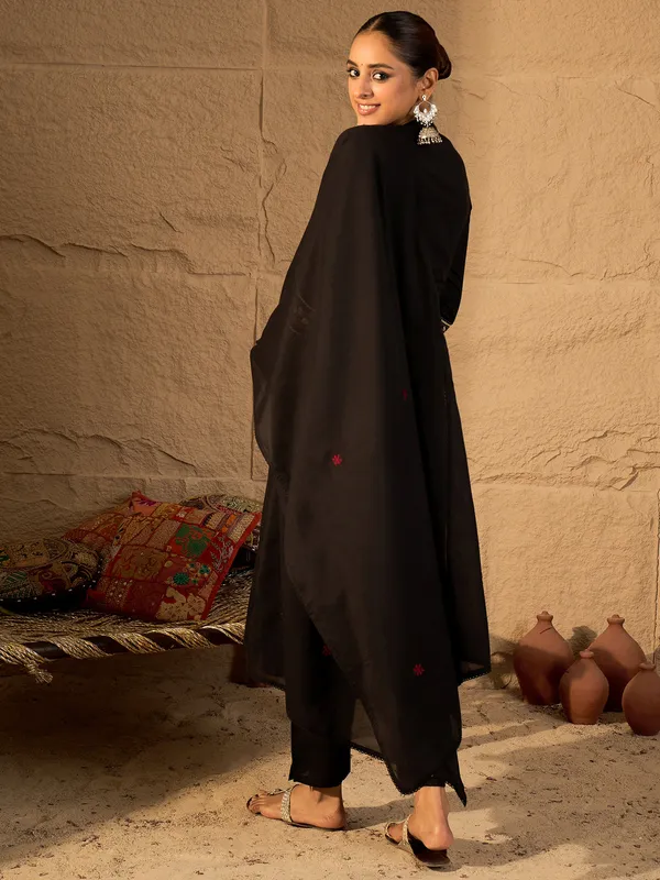 Black_Pure_Cotton_Embroidered_Kurta_Trouser_Dupatta_Set