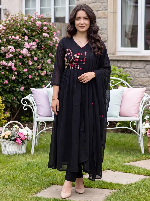 Black_Embroidered_Pure_Cotton_Kurta_Trouser_Dupatta_Set