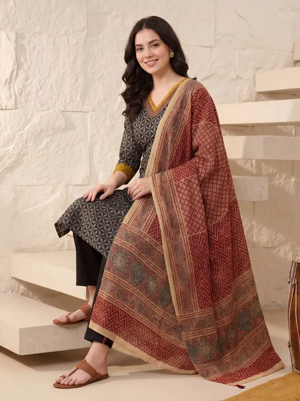 Black_Printed_Pure_Cotton_Kurta_Trouser_Dupatta_Set