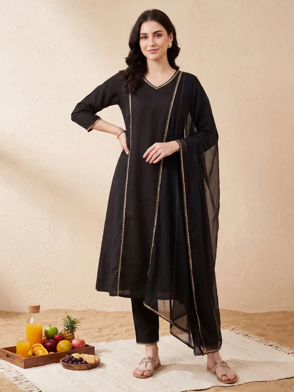 Black_Embroidered_Pure_Cotton_Kurta_Trouser_Dupatta_Set