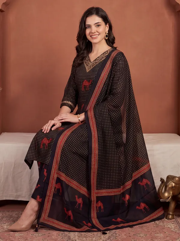 Black_Printed_Pure_Cotton_Kurta_Trouser_Dupatta_Set