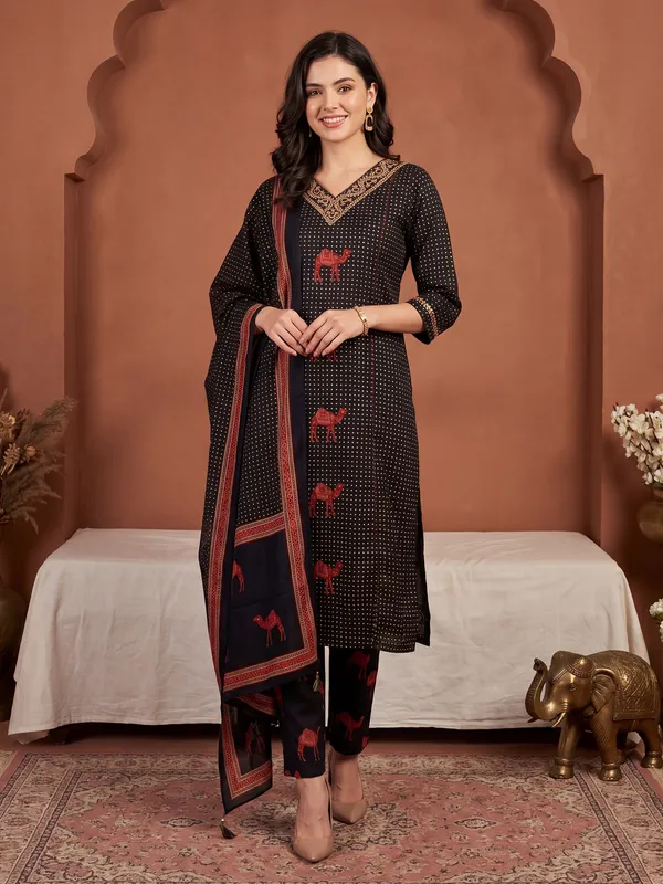 Black_Printed_Pure_Cotton_Kurta_Trouser_Dupatta_Set