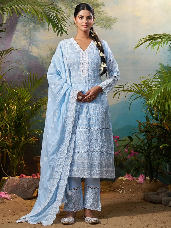 Blue_Embroidered_Pure_Cotton_Kurta_Trouser_Dupatta_Set