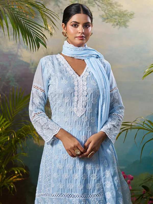 Blue_Embroidered_Pure_Cotton_Kurta_Trouser_Dupatta_Set