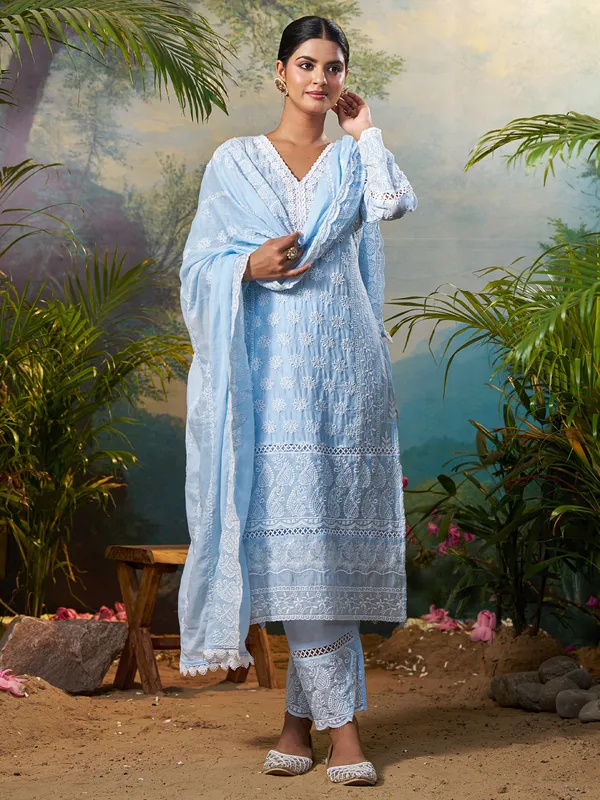 Blue_Embroidered_Pure_Cotton_Kurta_Trouser_Dupatta_Set