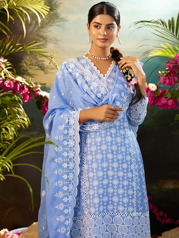 Blue_Embroidered_Pure_Cotton_Kurta_Trouser_Dupatta_Set