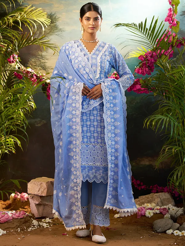 Blue_Embroidered_Pure_Cotton_Kurta_Trouser_Dupatta_Set