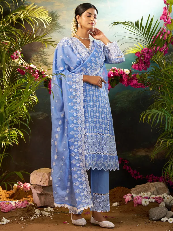 Blue_Embroidered_Pure_Cotton_Kurta_Trouser_Dupatta_Set