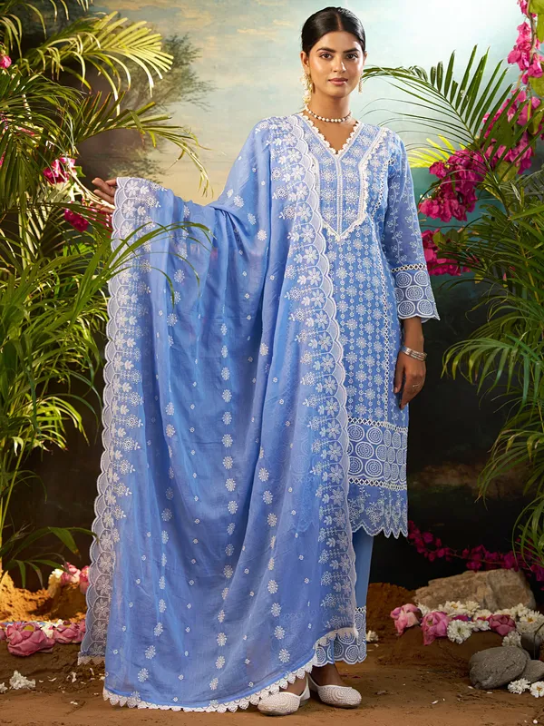 Blue_Embroidered_Pure_Cotton_Kurta_Trouser_Dupatta_Set
