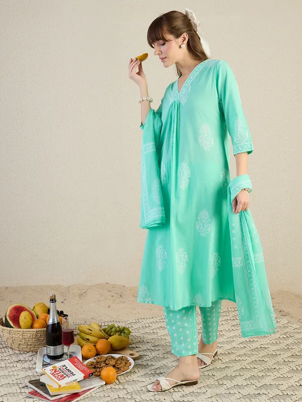 Blue_Printed_Pure_Cotton_Kurta_Trouser_Dupatta_Set