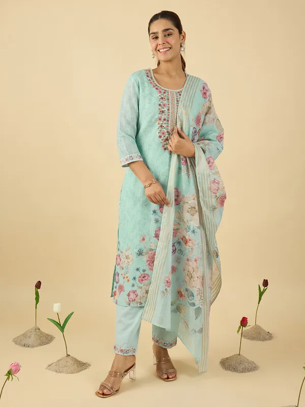 Blue_Embroidered_Linen_Kurta_Trouser_Dupatta_Set