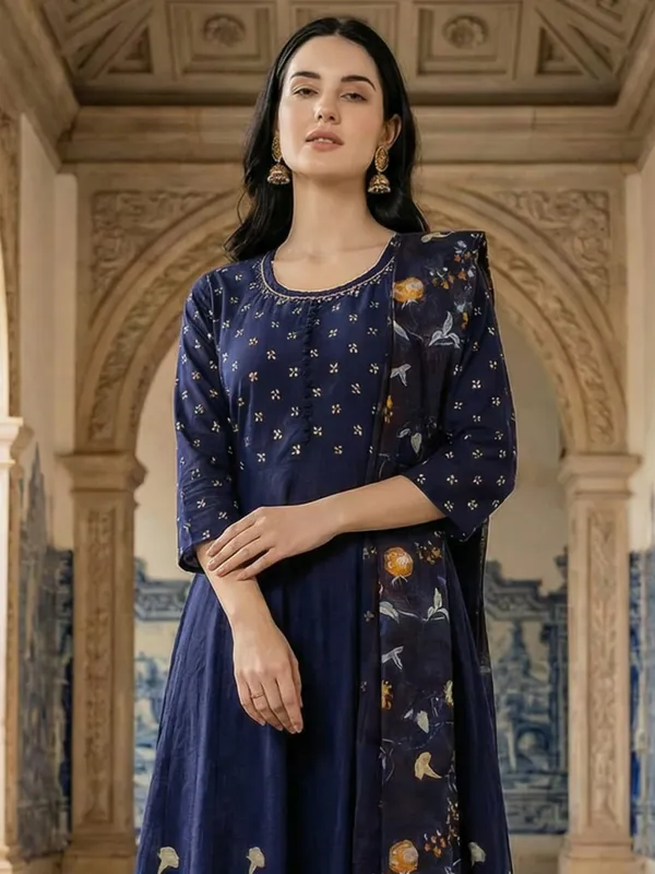 Blue_Printed_Pure_Cotton_Kurta_Trouser_Dupatta_Set