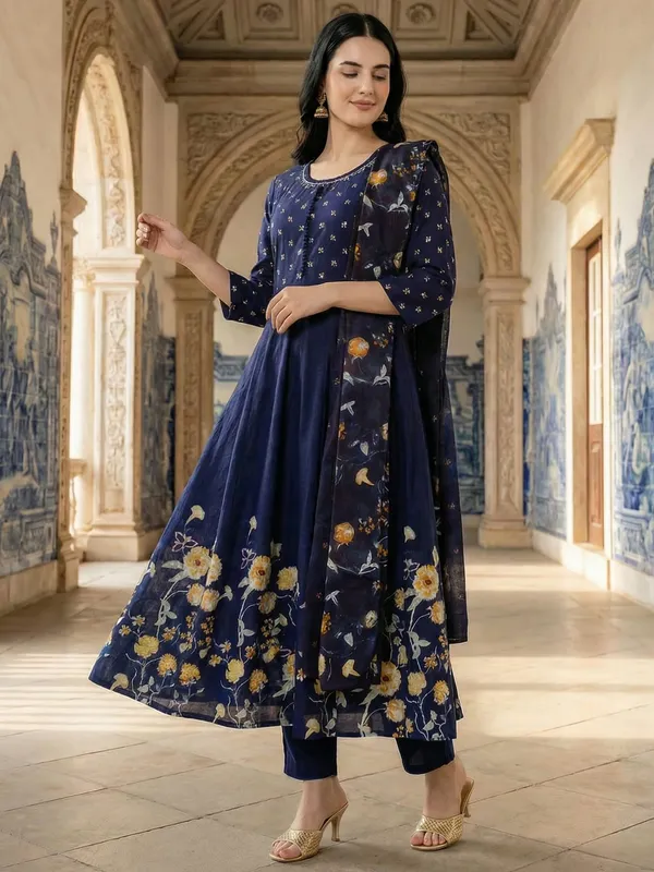 Blue_Printed_Pure_Cotton_Kurta_Trouser_Dupatta_Set