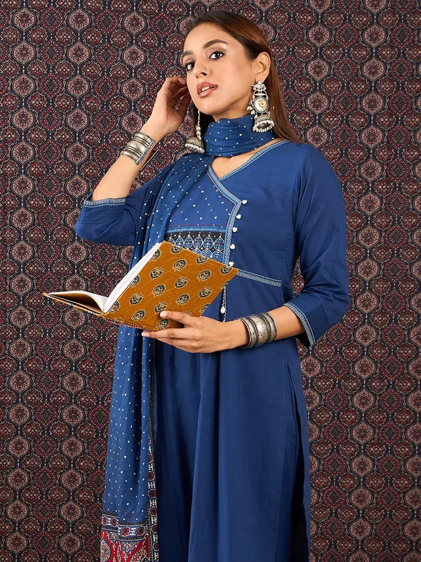 Blue_Printed_Pure_Cotton_Kurta_Trouser_Dupatta_Set
