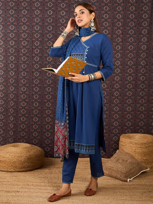 Blue_Printed_Pure_Cotton_Kurta_Trouser_Dupatta_Set