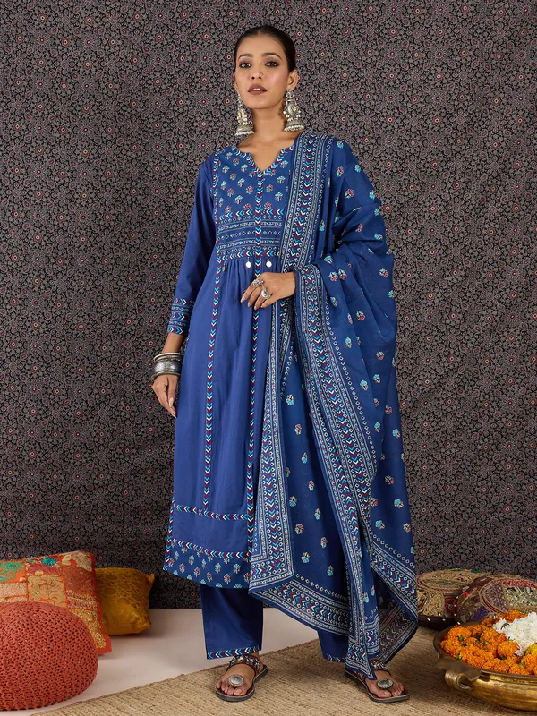 Blue_Pure_Cotton_Printed_Kurta_Trouser_Dupatta_Set