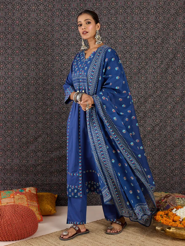 Blue_Pure_Cotton_Printed_Kurta_Trouser_Dupatta_Set