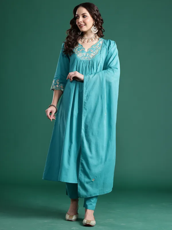 Blue_Embroidered_Pure_Cotton_Kurta_Trouser_Dupatta_Set