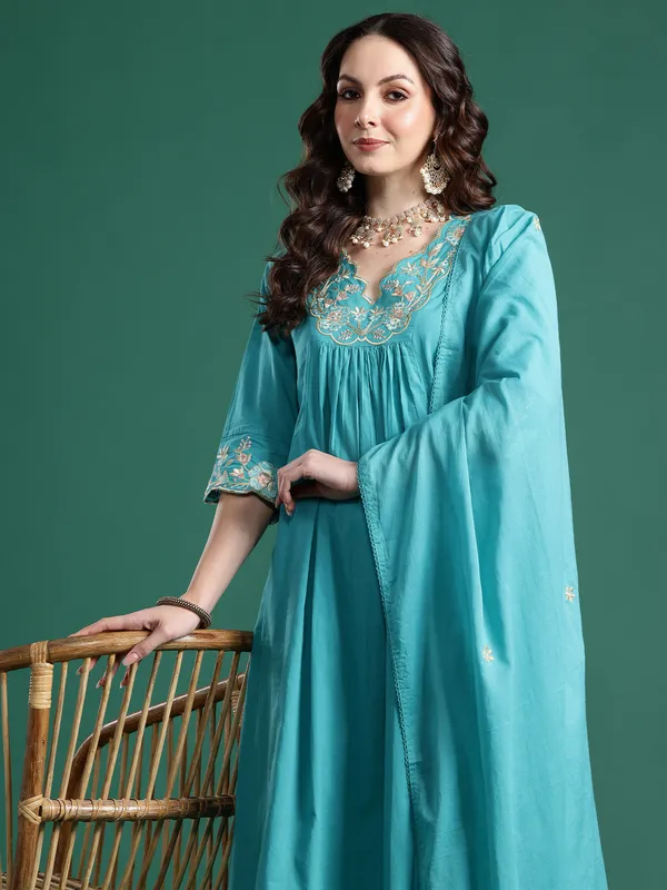 Blue_Embroidered_Pure_Cotton_Kurta_Trouser_Dupatta_Set