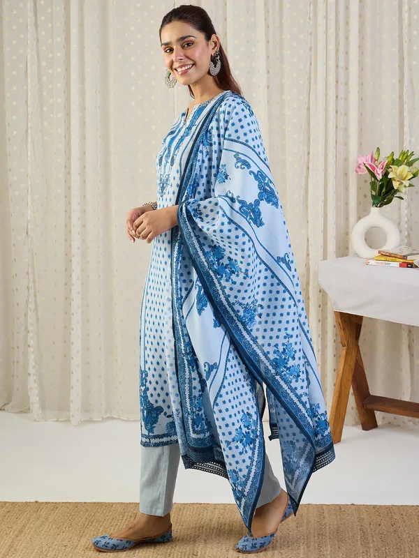 Blue_Printed_Pure_Cotton_Kurta_Trouser_Dupatta_Set