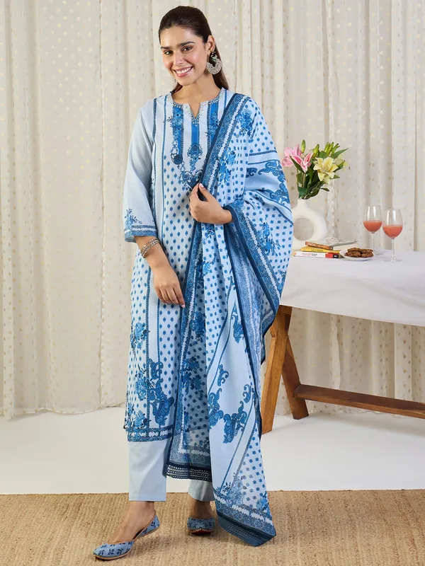 Blue_Printed_Pure_Cotton_Kurta_Trouser_Dupatta_Set