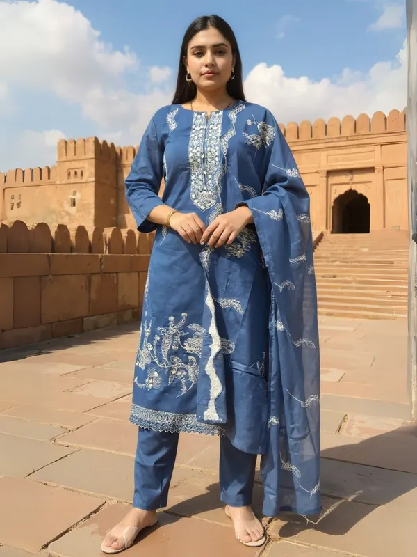 Blue_Embroidered_Pure_Cotton_Kurta_Trouser_Dupatta_Set